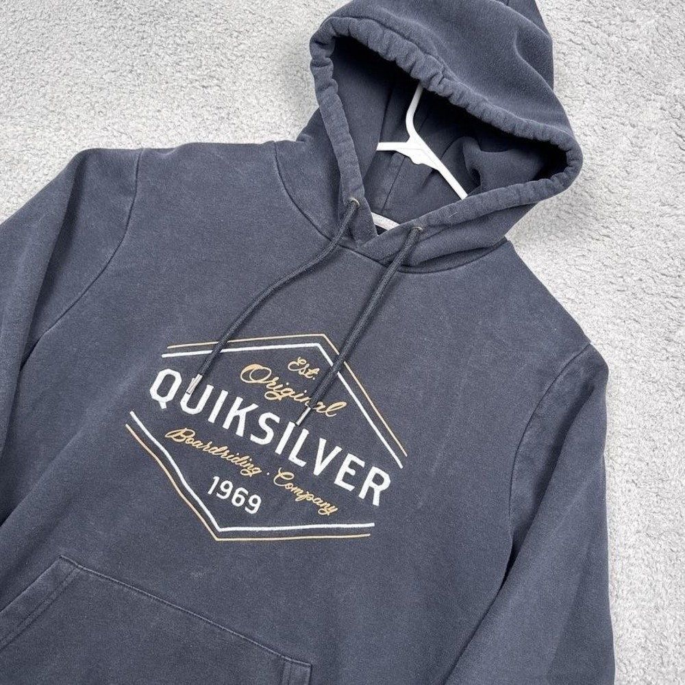 Quiksilver Hoodie Mens Medium Blue Graphic‎ Fleece Pullover Surf Skateboarding